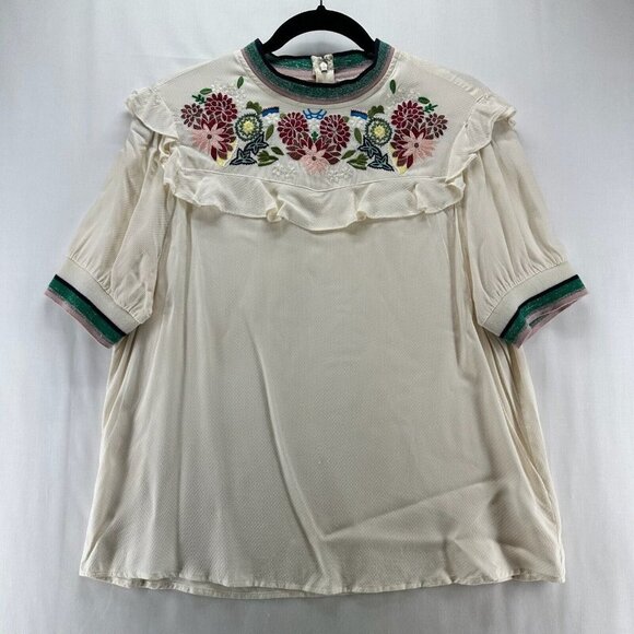A Picture's Worth Tops - A Picture's Worth Top Womens L Embroidered Ruffled Yoke Short Sleeve Off White